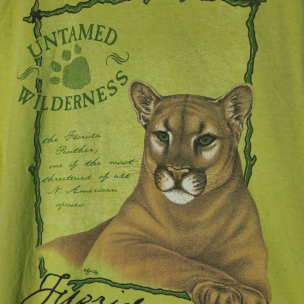 Vintage 90s Untamed Wilderness Cougar Green Medium T-Shirt - Picture 2 of 7